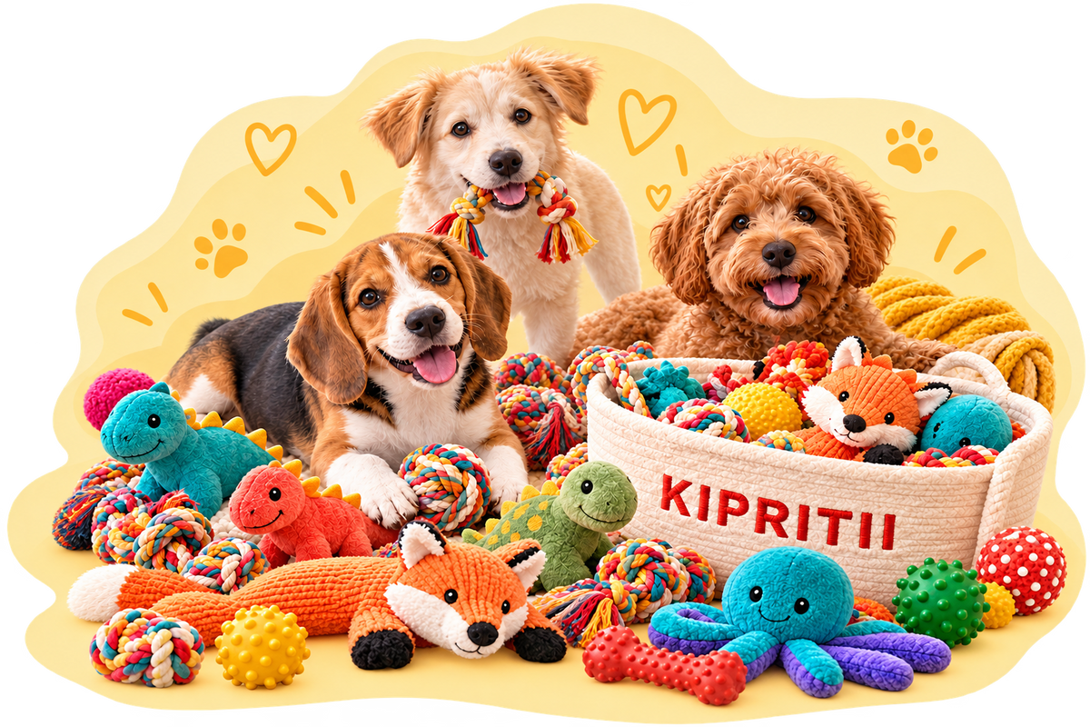 Dogs with colorful toys beside a KIPRITII toy basket.